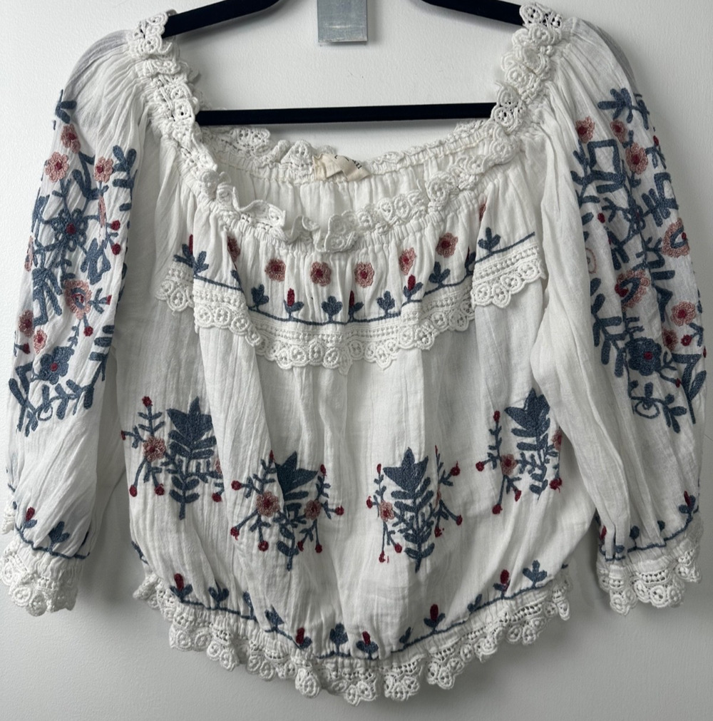 Talisman the Label White L Embroidered Boho Peasant Hippie Shirt off shoulder A3